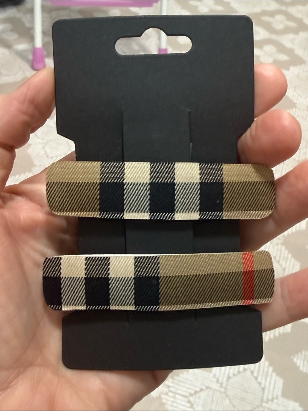 Burberry upcycled Plaid Fabric Hair Clips in Tan, Black and Red Stripe